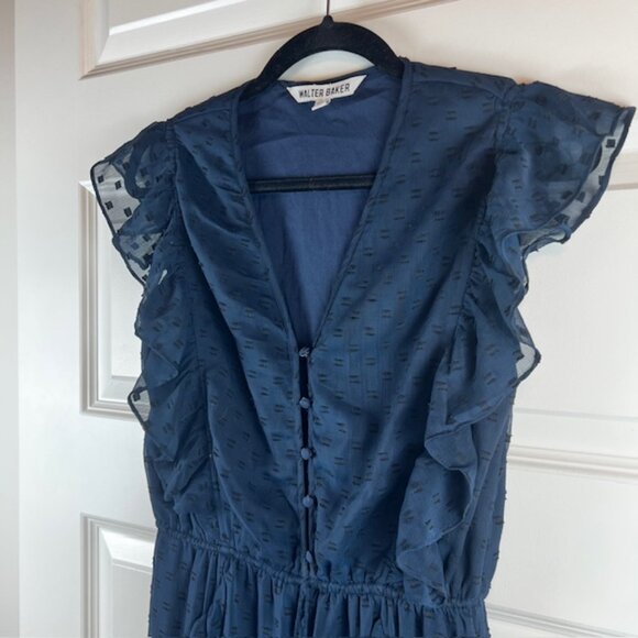 Walter Baker Navy Ruffle Jumpsuit XS Flutter Sleeve Swiss Dot Sheer Overlay - Picture 5 of 12